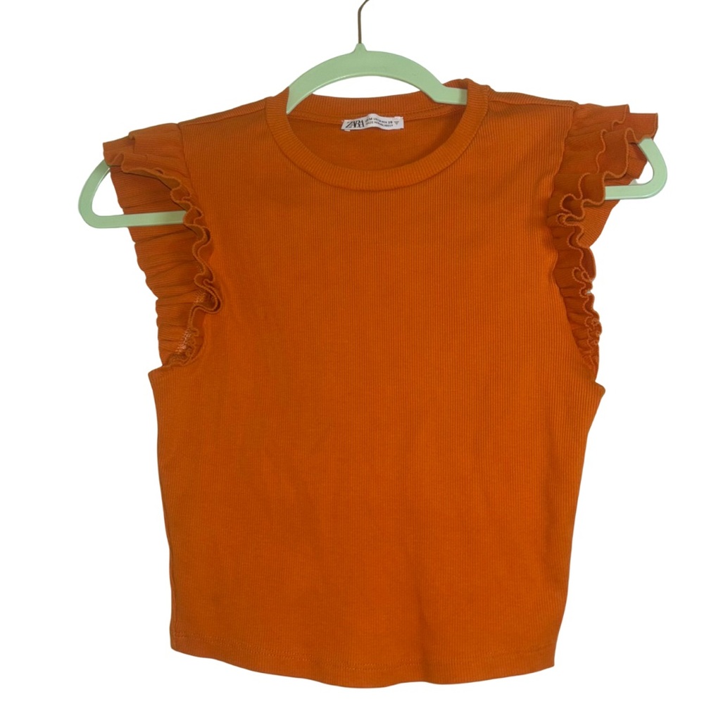 Zara Ribbed Ruffle Sleeve Crop Top (Orange) | Size M